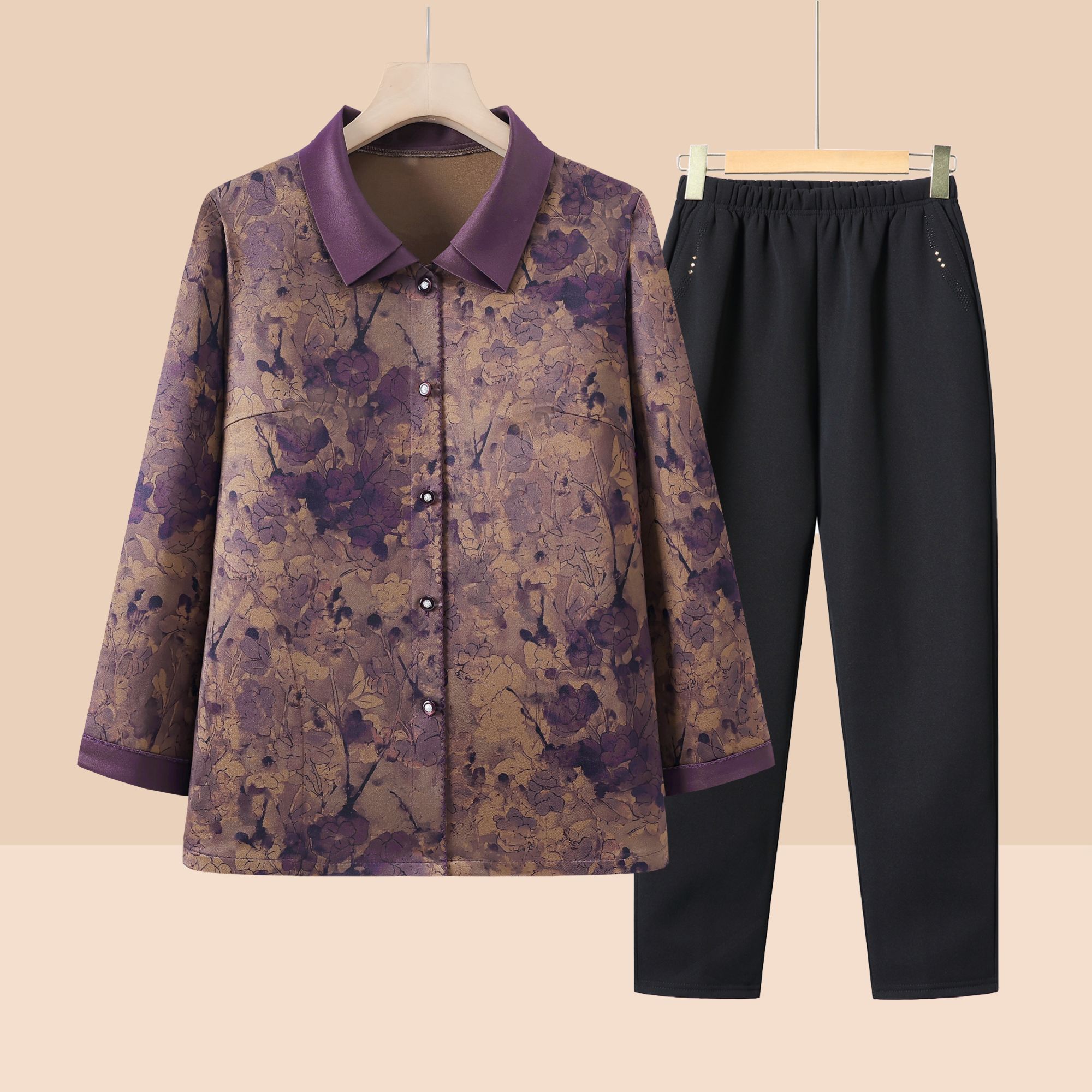 中老年人妈妈秋季长袖衬衣宽松上衣服老太太薄外套奶奶春装衬衫女