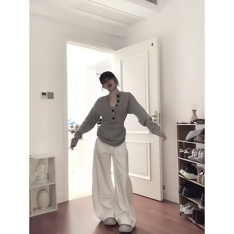 2025新款女士早春季美式慵懒风灰色长袖针织衫上衣高腰宽松阔腿裤