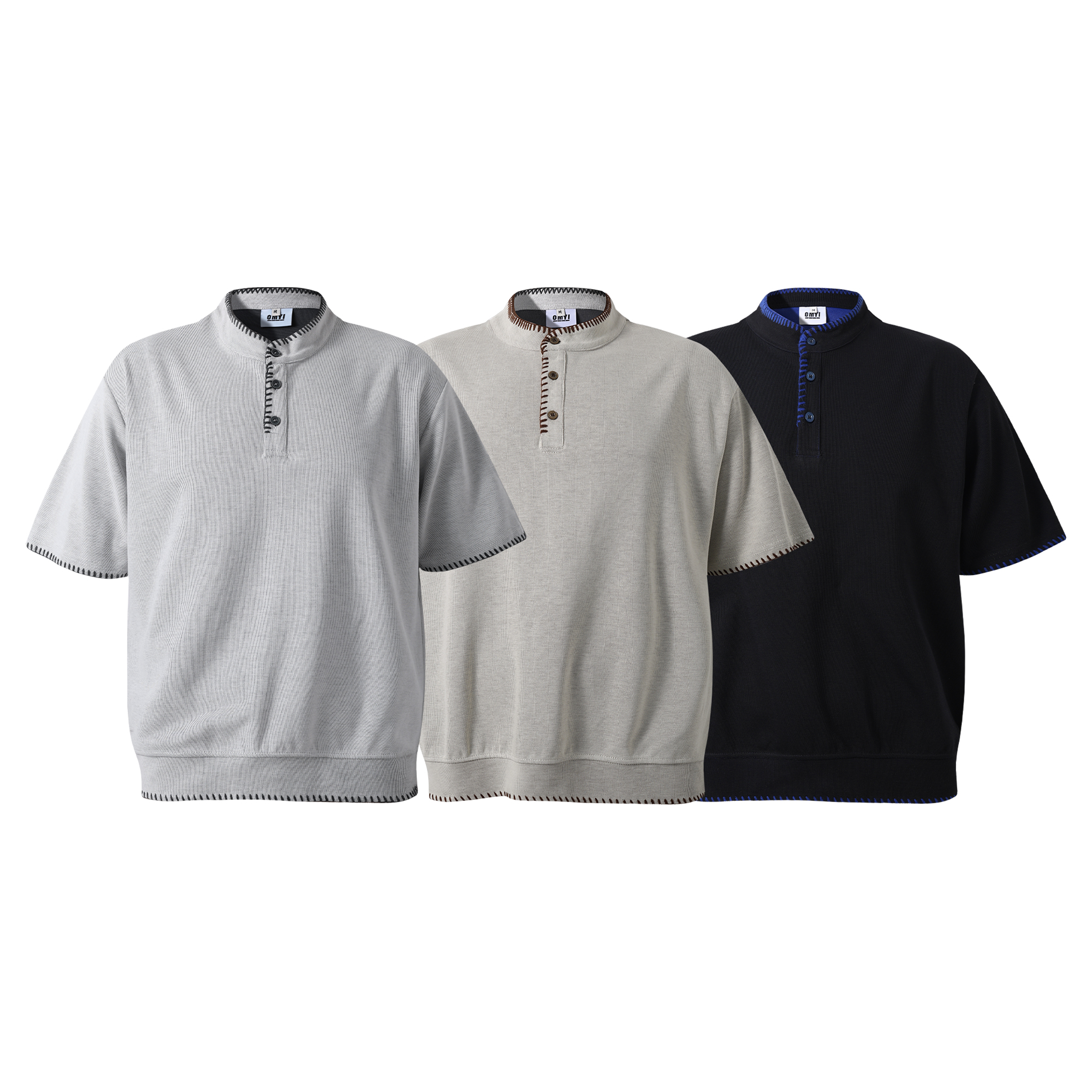 CZ2美式老钱风短袖男女高智感慵懒亨利领针织半袖手缝线宽松上衣