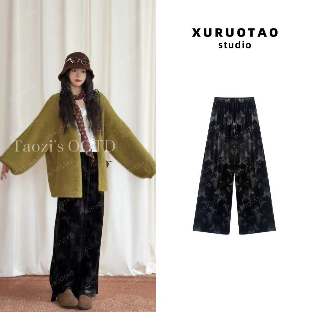 XURUOTAO【丝绒蝴蝶裤】丝绒设计感显瘦松紧高腰黑色裤子 T5677