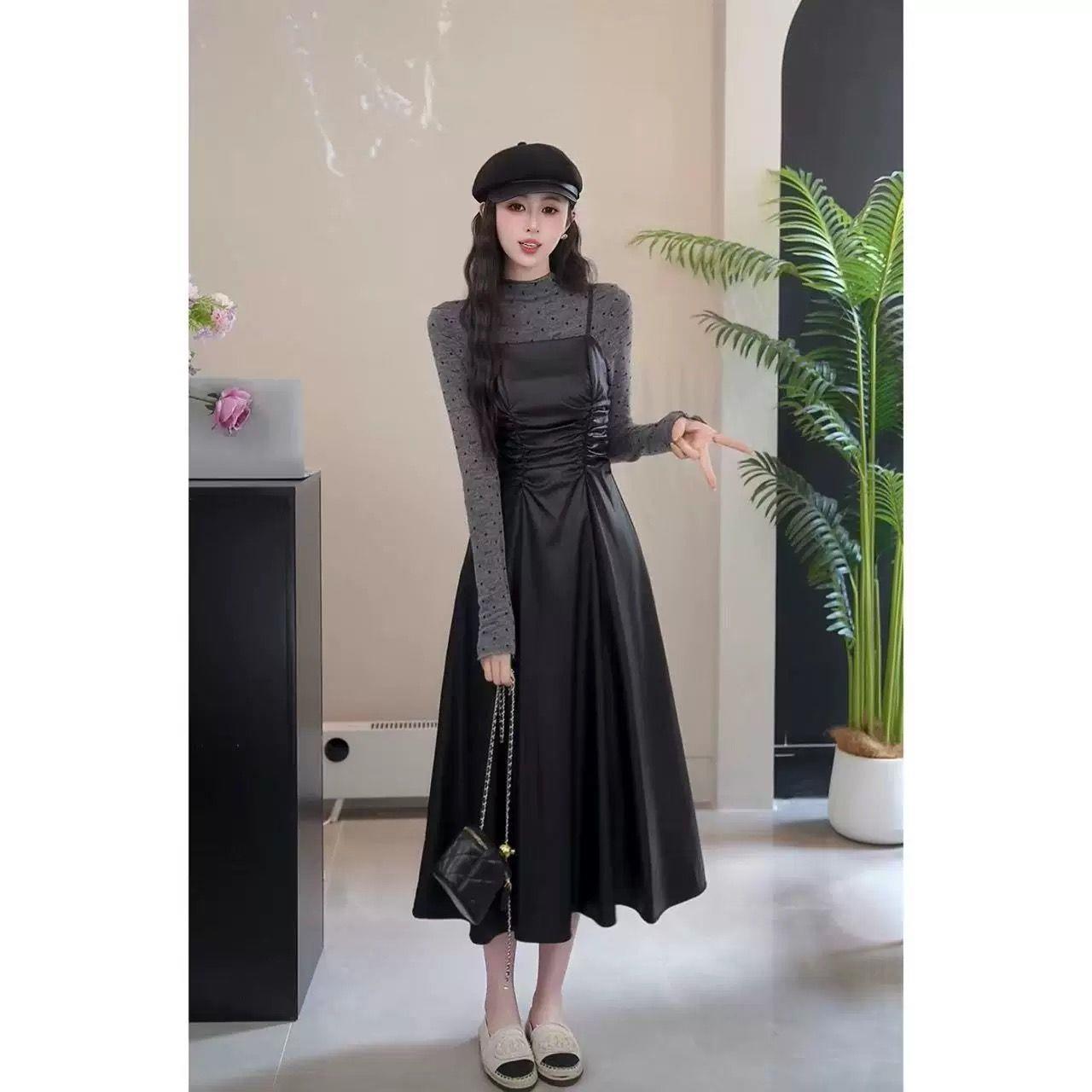 时尚2025新款黑色褶皱吊带连衣裙女+波点长袖打底衫两件套
