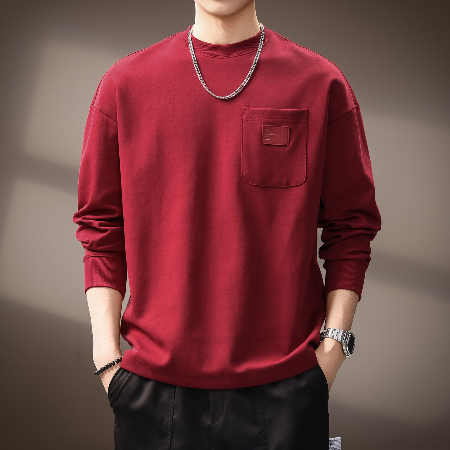 高端300g重磅简约纯色长袖T恤男士2025秋季新款潮牌宽松休闲卫衣