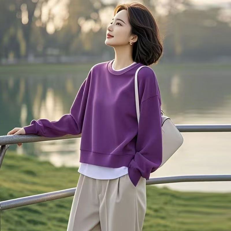 【正版布料】2025春秋新款卫衣女士拼接圆领设计百搭T恤套头上衣潮