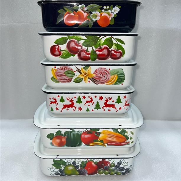 俄罗斯原装进口正品搪瓷饭盒烤盘长方形带盖加厚大容量家用收纳盒