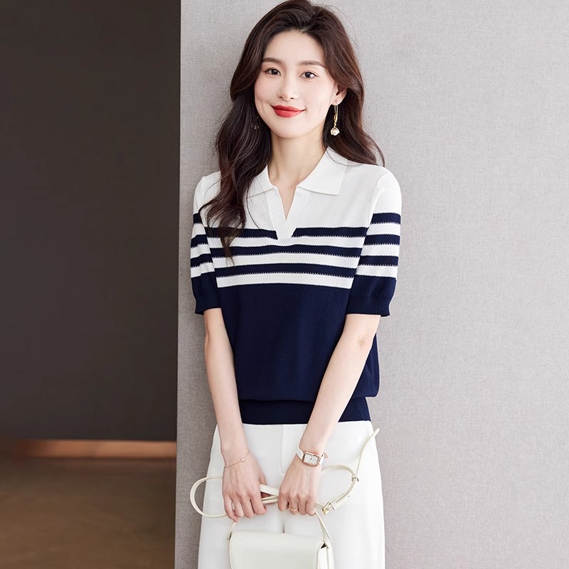 洋气短袖t恤女夏装2025新款百搭女装条纹上衣冰丝针织衫带领t恤