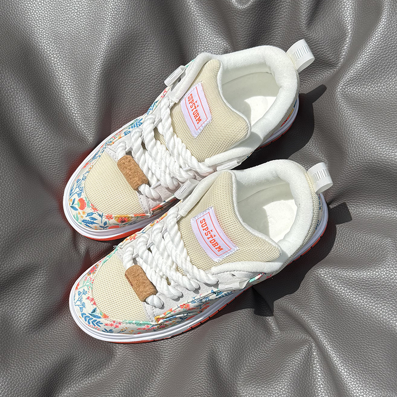爆款白色印花面包潮流花开男鞋富贵女鞋大码百搭休闲鞋运动板鞋
