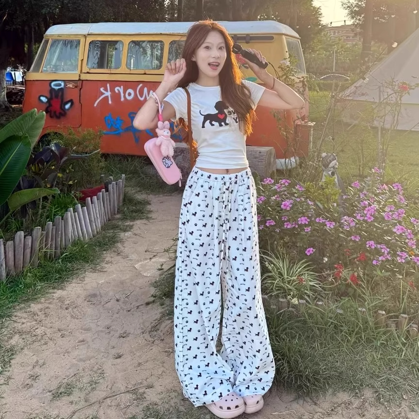雪千羽夏季复古小狗印花阔腿裤女宽松高腰显瘦垂感百搭直筒长裤子