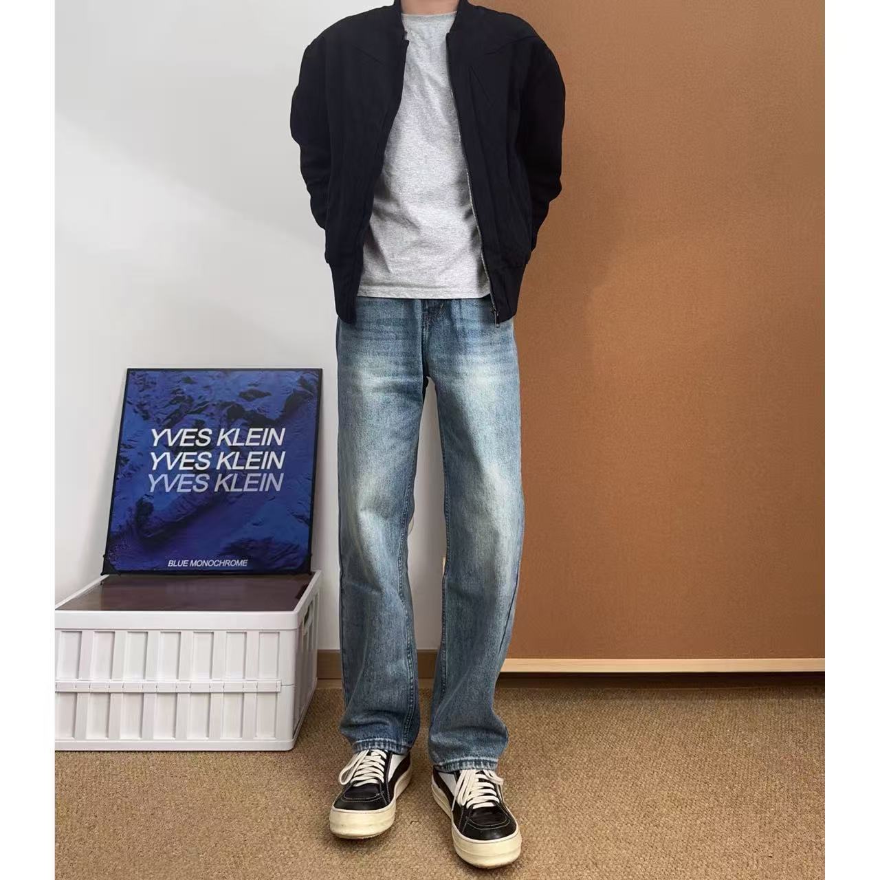 冬季美式加绒加厚直筒牛仔裤水洗扎花Cleanfit宽松百搭基础款