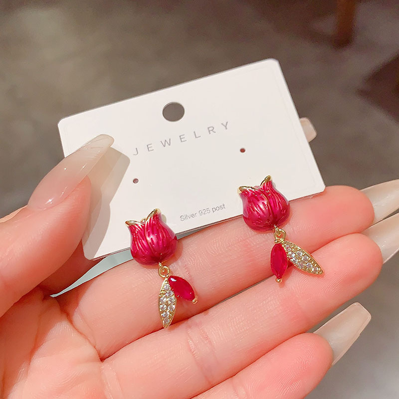 铜合金亚克力耳饰 时尚郁金香花瓣滴釉耳钉小众设计感气质耳环