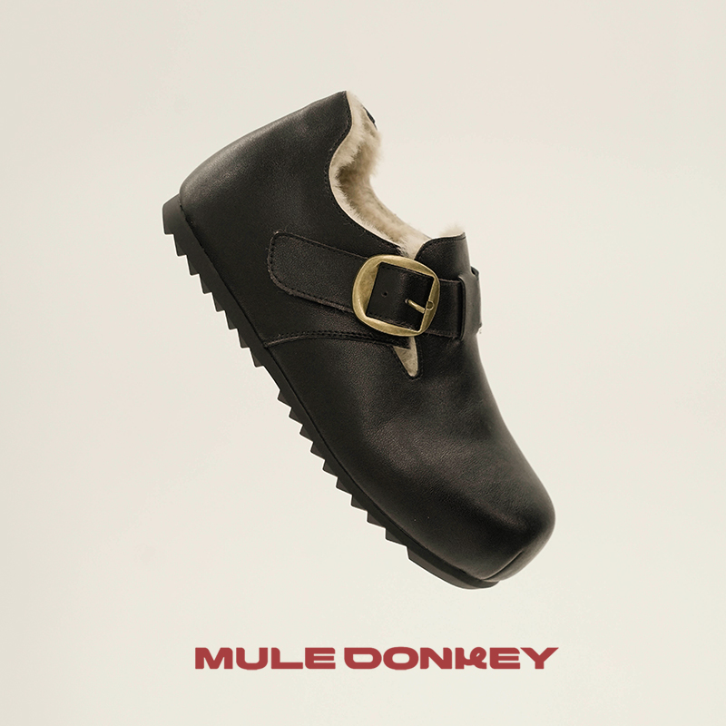 多嘴驴Donkey勃肯拖系列【小煤炭】黑色冬季毛毛刺绣浅口包头拖增高