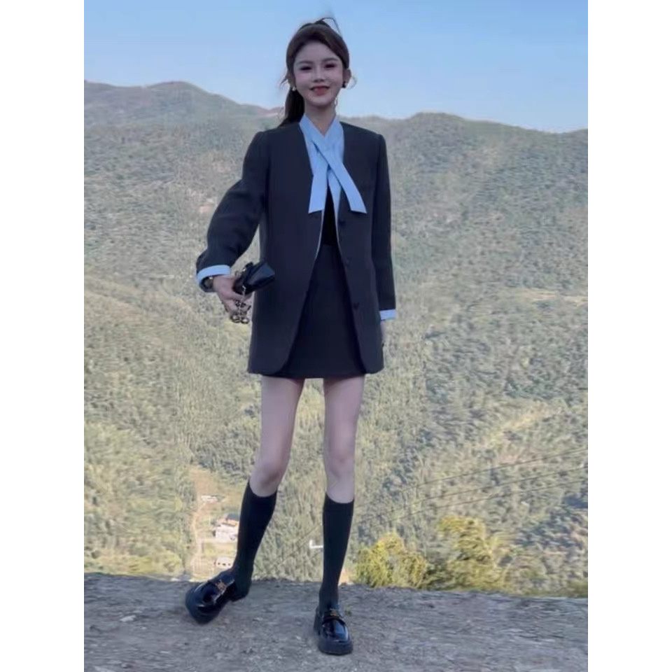 韩系搭配一整套冬装呢子新款高级感气质拼接西装外套半身裙两件套