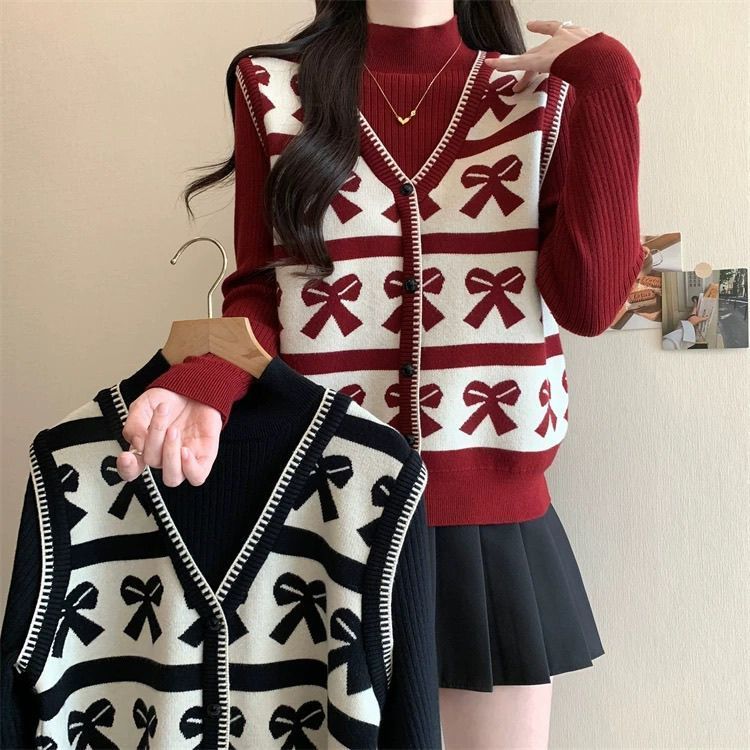 九牧王【爆款】蝴蝶提花针织衫【80-200斤】假两件高领毛衣女秋冬宽松