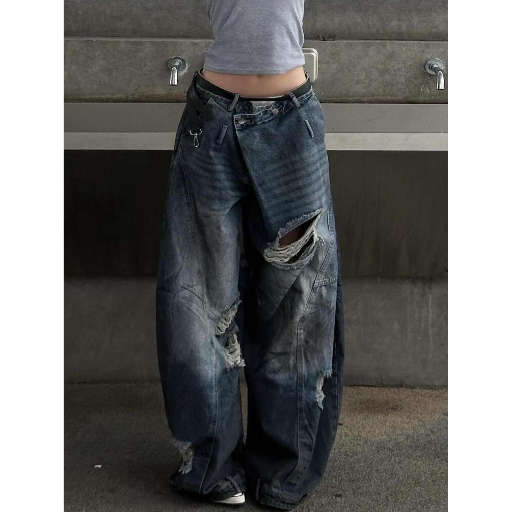 美式复古大码水洗做旧破洞弯刀牛仔裤女街头宽松显瘦阔腿坠感长裤