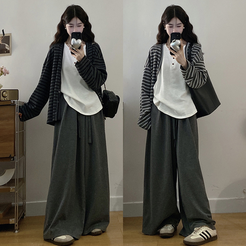 大码胖mm女装秋季慵懒风美式撞色条纹长袖内搭背心+休闲长裤套装