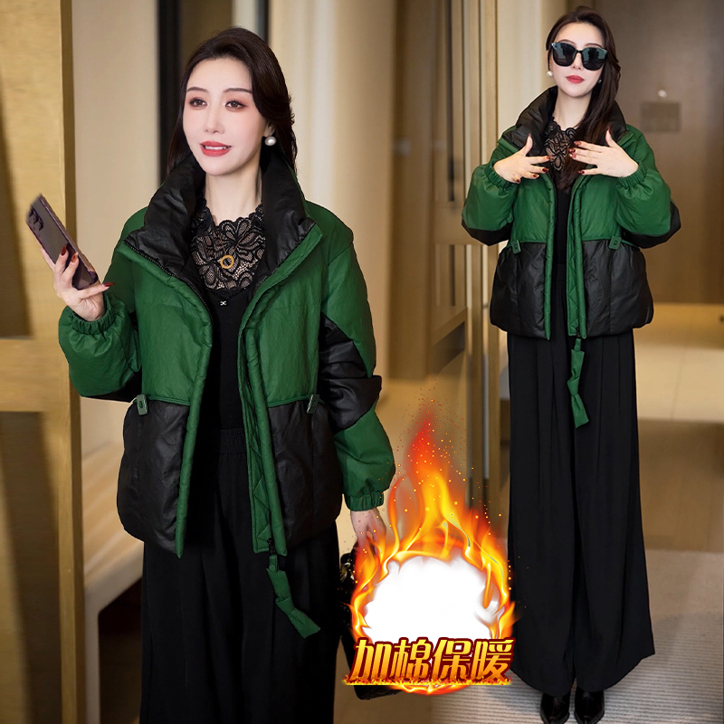 2025年冬季新款韩版拼接撞色长袖棉服女百搭气质加棉保暖开衫上衣