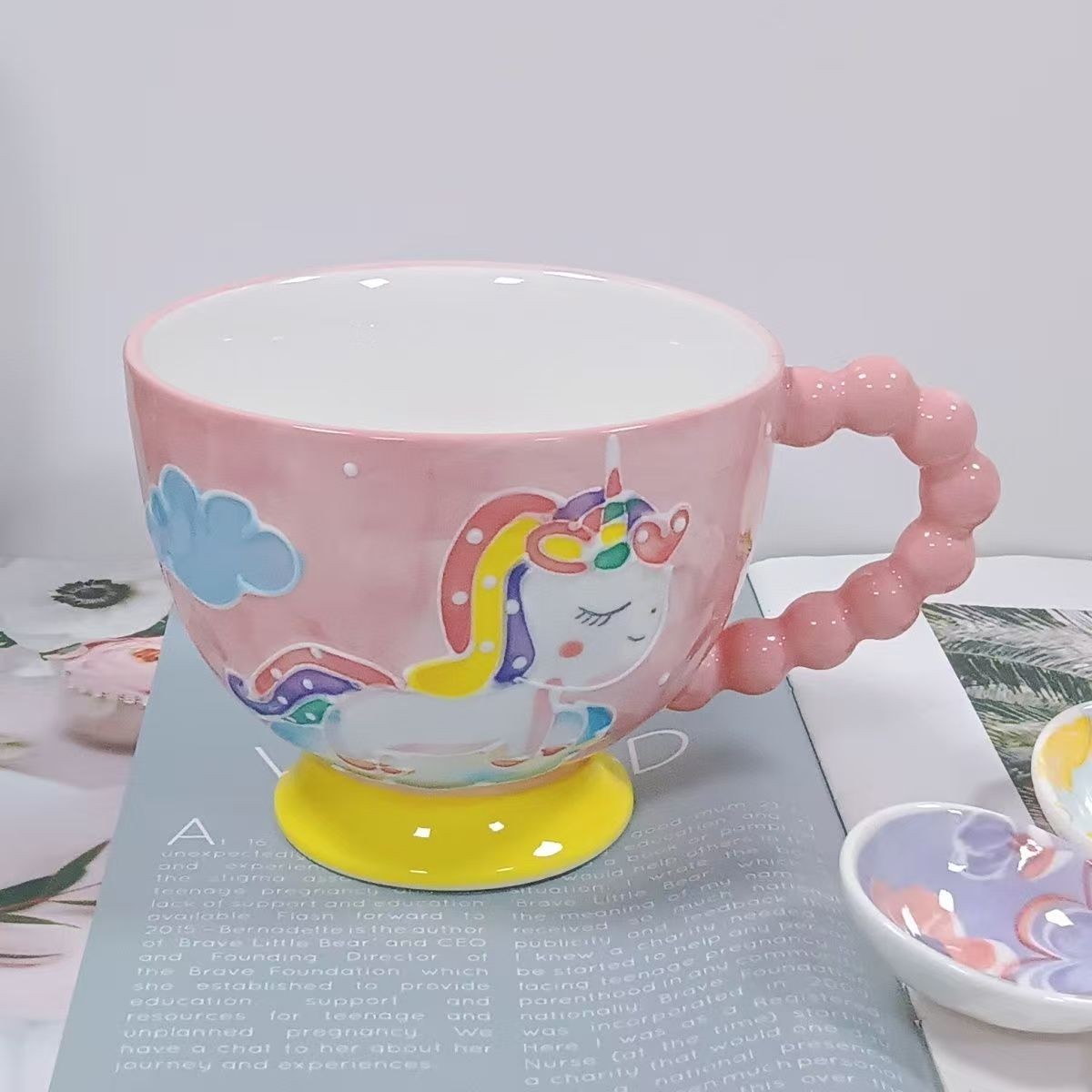 陶瓷釉下彩大容量早餐杯少女心杯子ins风马克杯浮雕创意耐热杯子