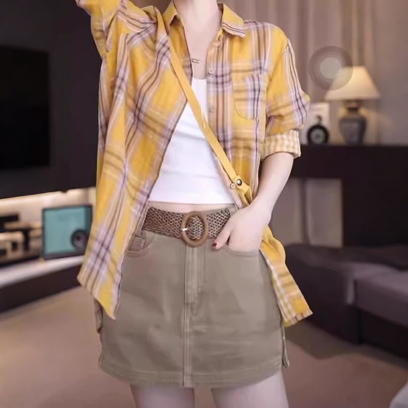黄色格子衬衫女女款小个子2025年春夏新款时尚百搭长袖防晒衬衣