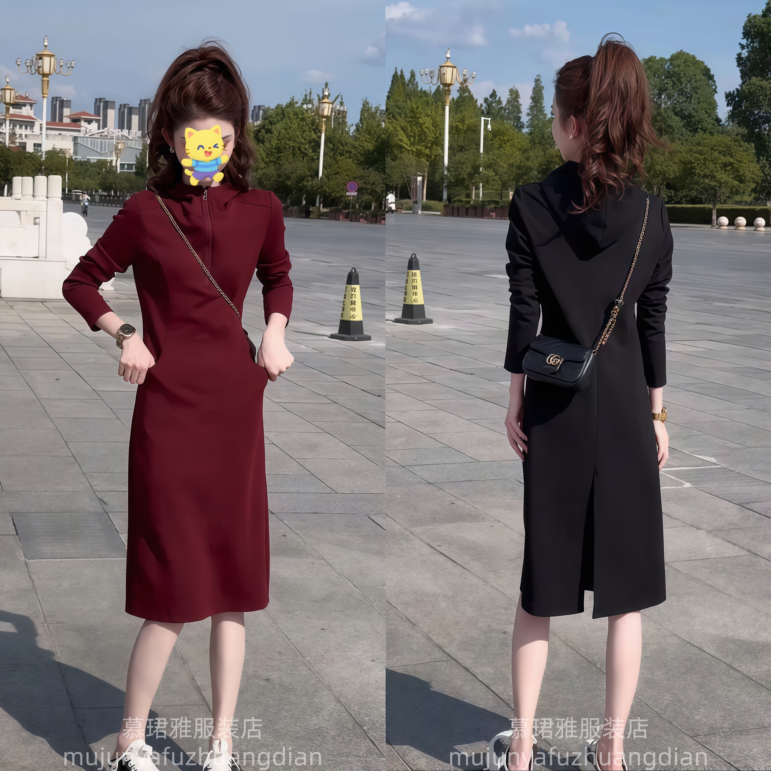 今年流行连帽半拉链长袖连衣裙女秋季2025新款气质显瘦中长款裙子