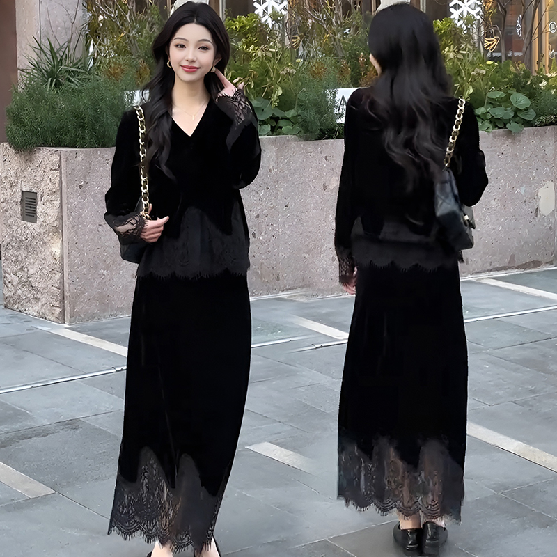 2026年春秋新款黑色高级感蕾丝拼接V领上衣高腰显瘦半身裙套装女