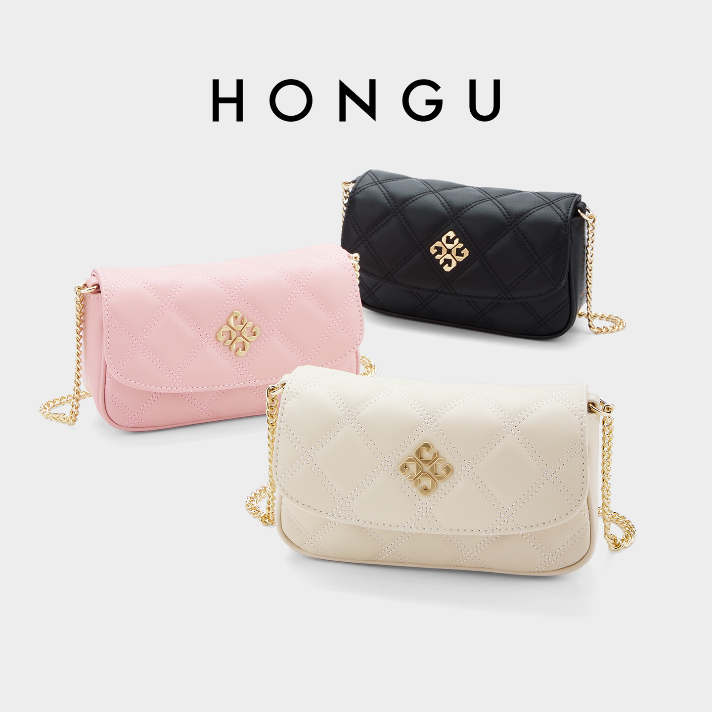 HONGU/红谷时尚真皮小方包轻奢百搭单肩斜挎包小香风菱格链条包