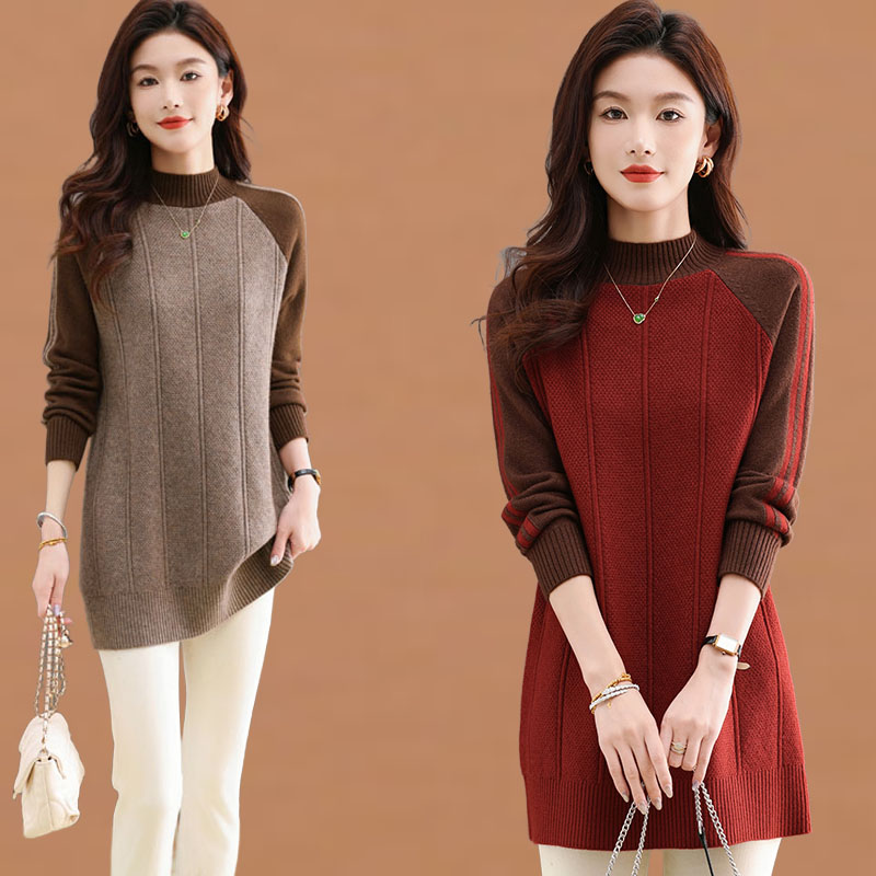 秋冬半高领针织衫套头毛衣女2025新款中长款遮屁股打底衫洋气内搭