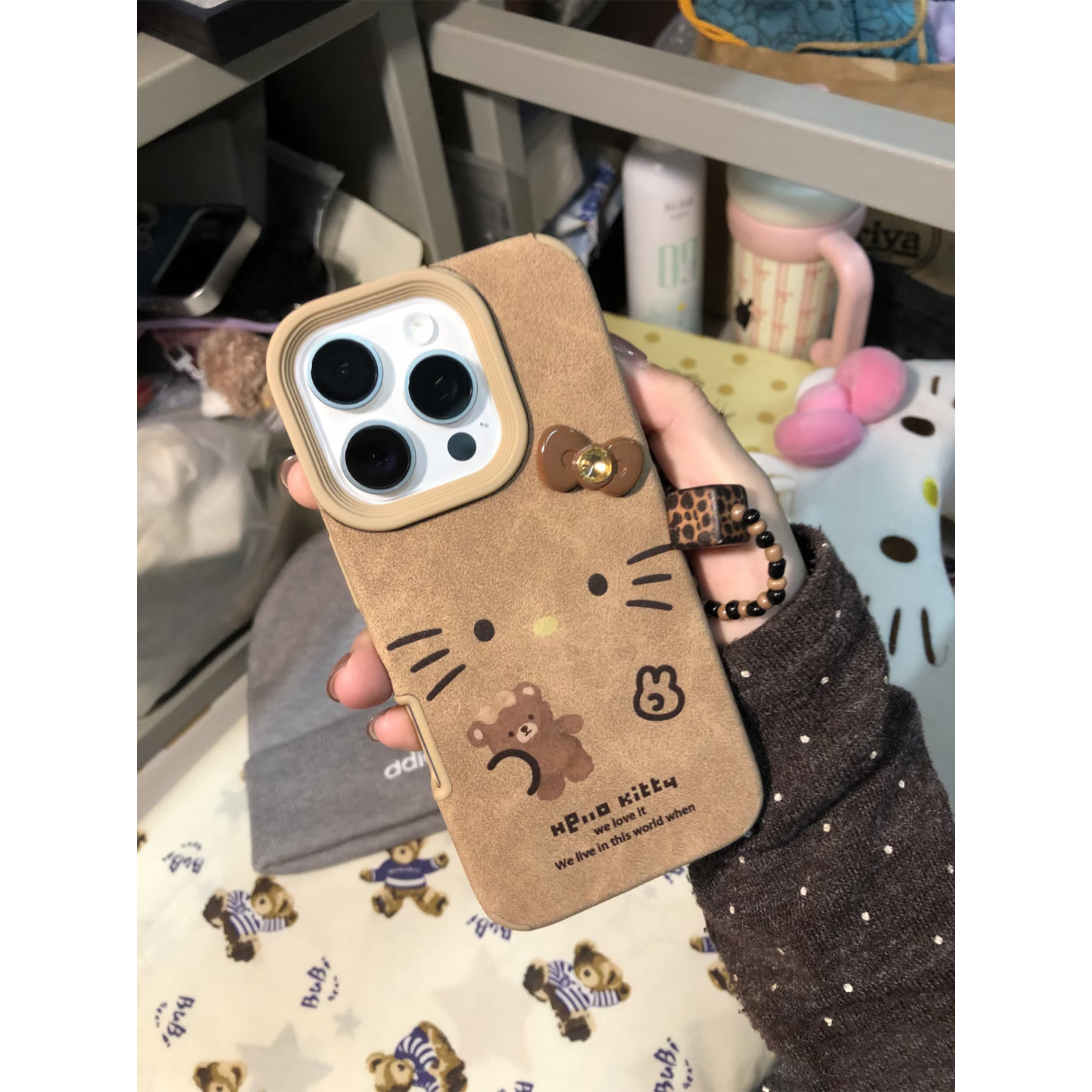 冬日棕皮蝴蝶结KT猫适用苹果17/16手机壳华为vivo小米15oppo女款