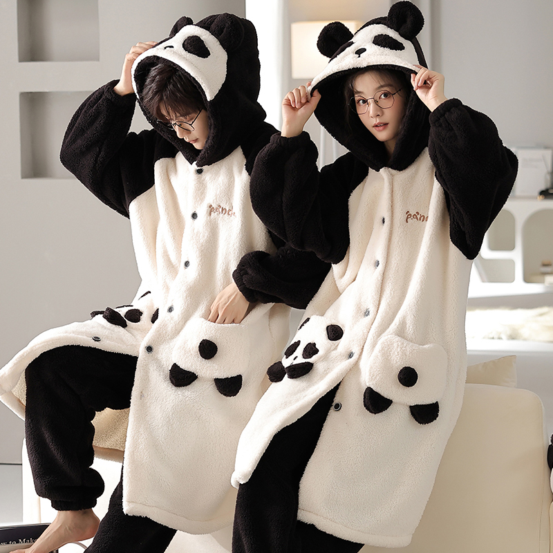 浪莎珊瑚绒情侣睡衣冬季加绒加厚大码睡袍可爱熊猫保暖家居服套装
