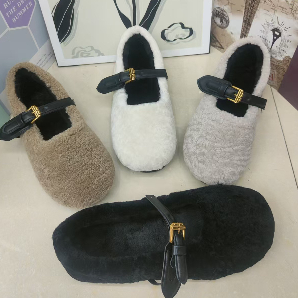 纯色玛丽珍皮毛一体浅口女鞋粘胶鞋单鞋百搭保暖厚底女鞋洋气女