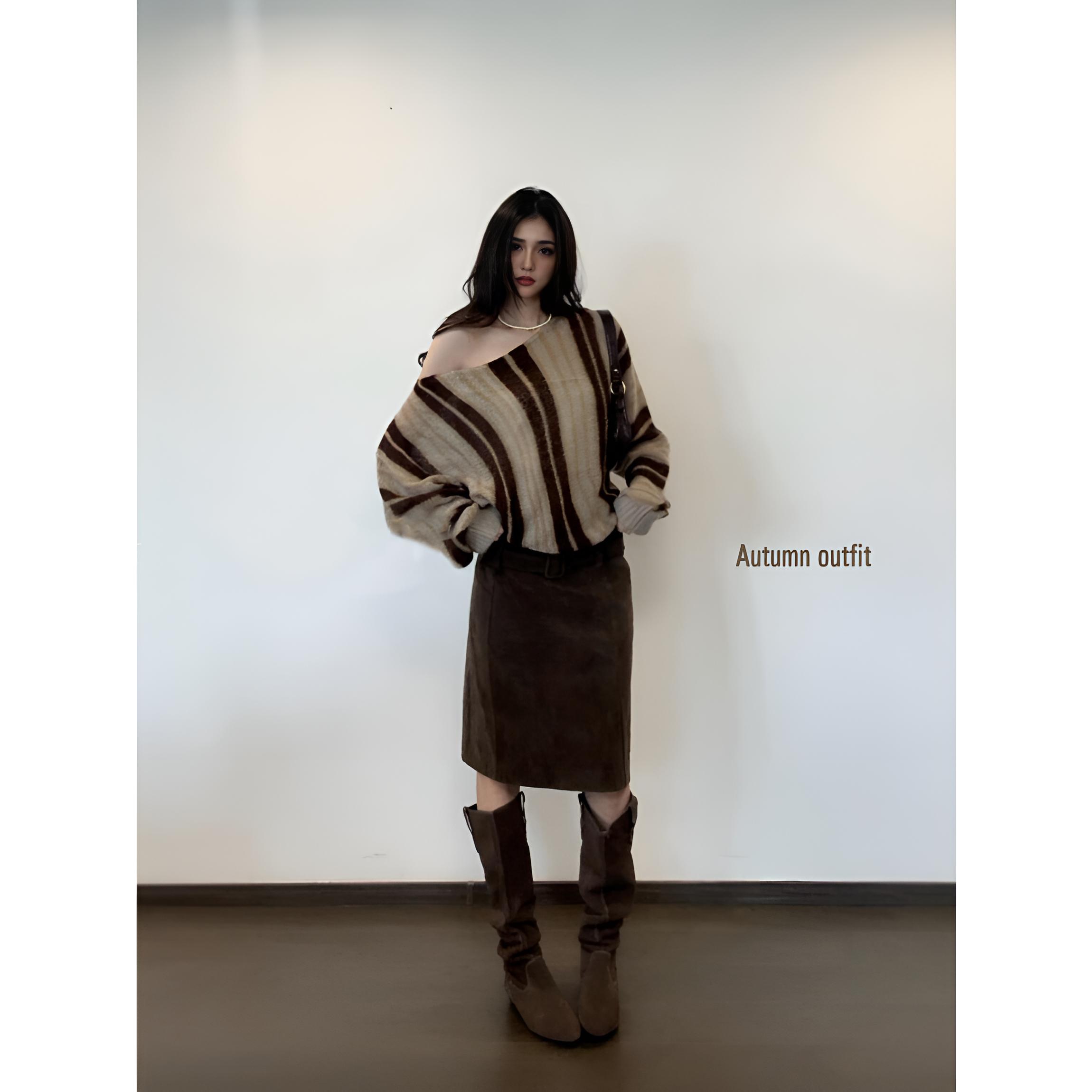 parkyeon秋季新款美拉德不规则斜肩条纹毛衣高腰包臀半身裙套装