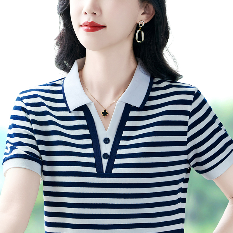 恒源祥彩羊减龄条纹短袖T恤女夏季新款休闲polo衫洋气宽松上衣女
