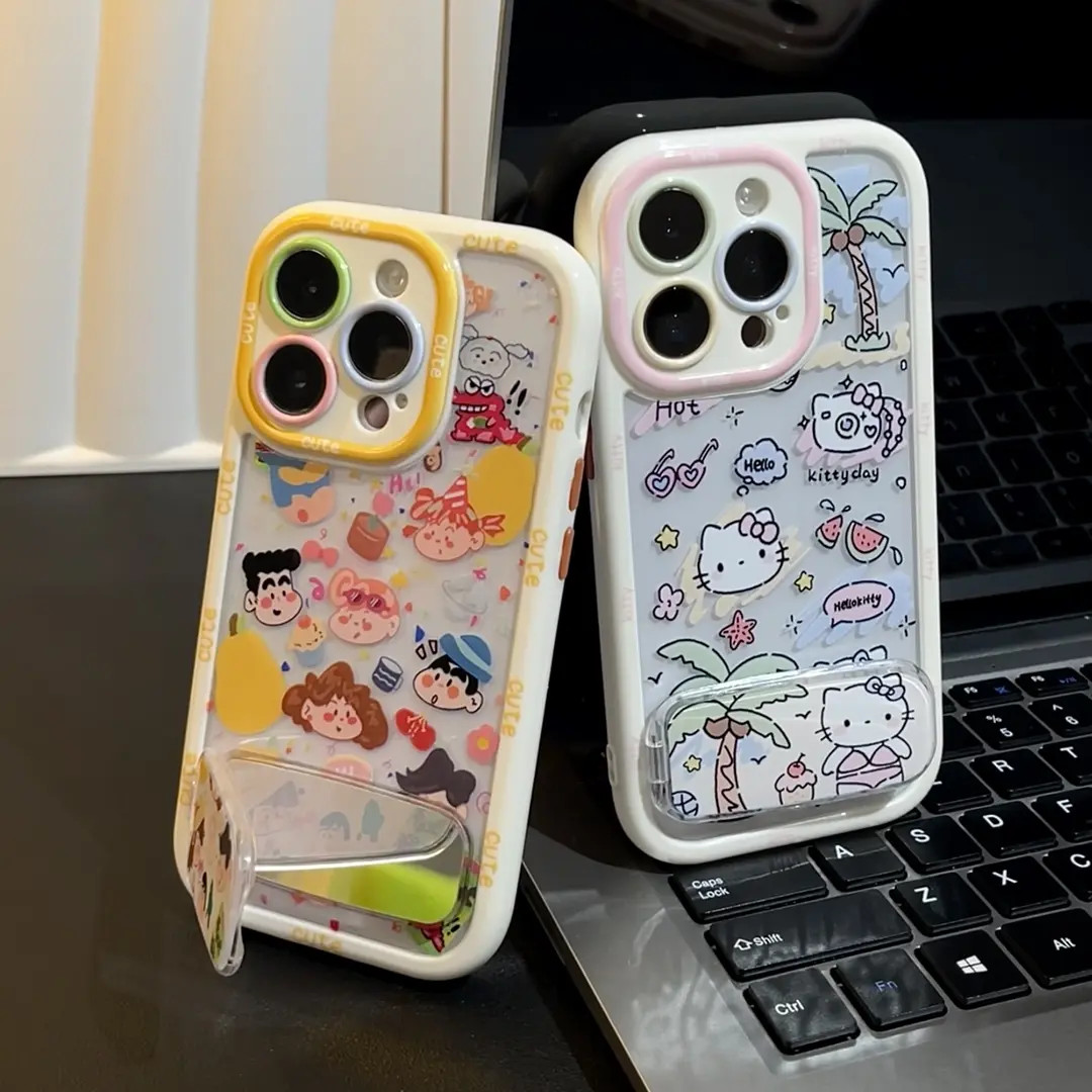 卡通小新KT猫支架适用苹果16手机壳iPhone15奶油华为vivo小米oppo