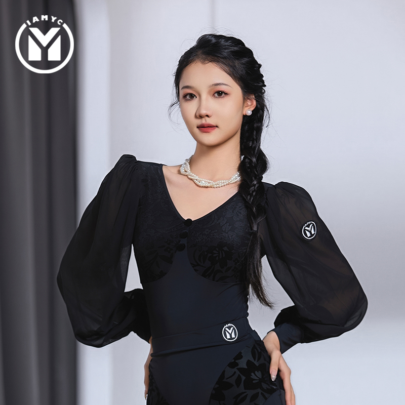 IAMYC&HCdance 女成人新款长袖摩登国标舞练功服连体上衣 B10102