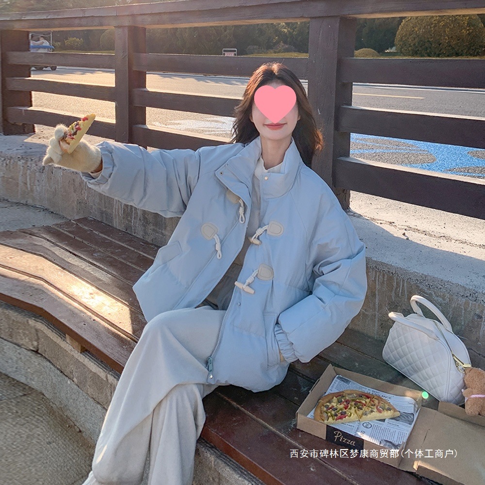 白鸭绒蓝色羽绒服女冬短款2025新款小个子学院立领面包服厚