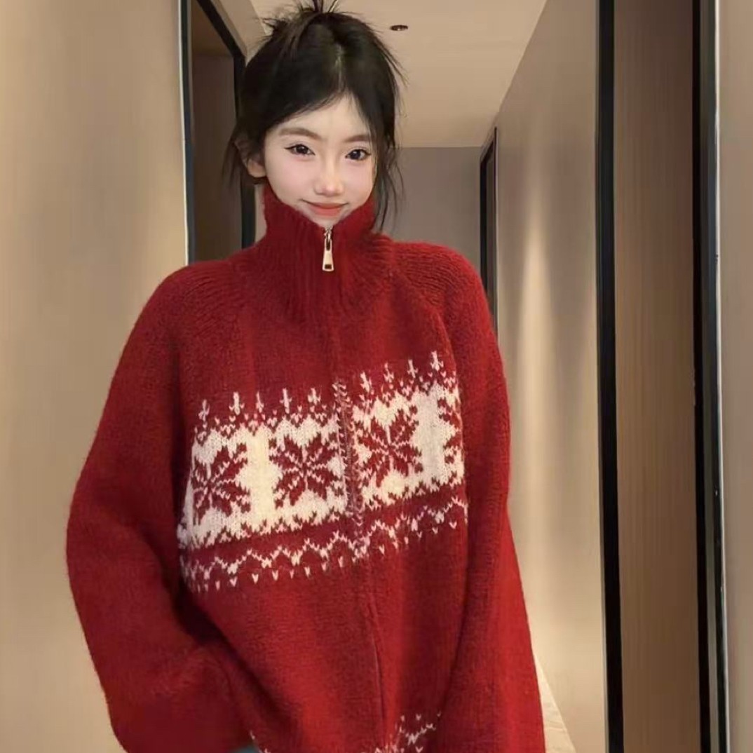 秋冬加厚时尚毛衣开衫外套女费尔岛红色拉链毛衣宽松提花大版外套