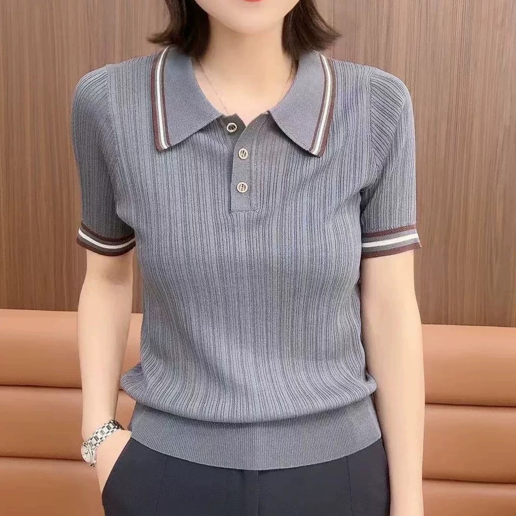 2025新款时尚洋气翻领短袖针织衫女夏季薄款减龄显瘦百搭t恤上衣