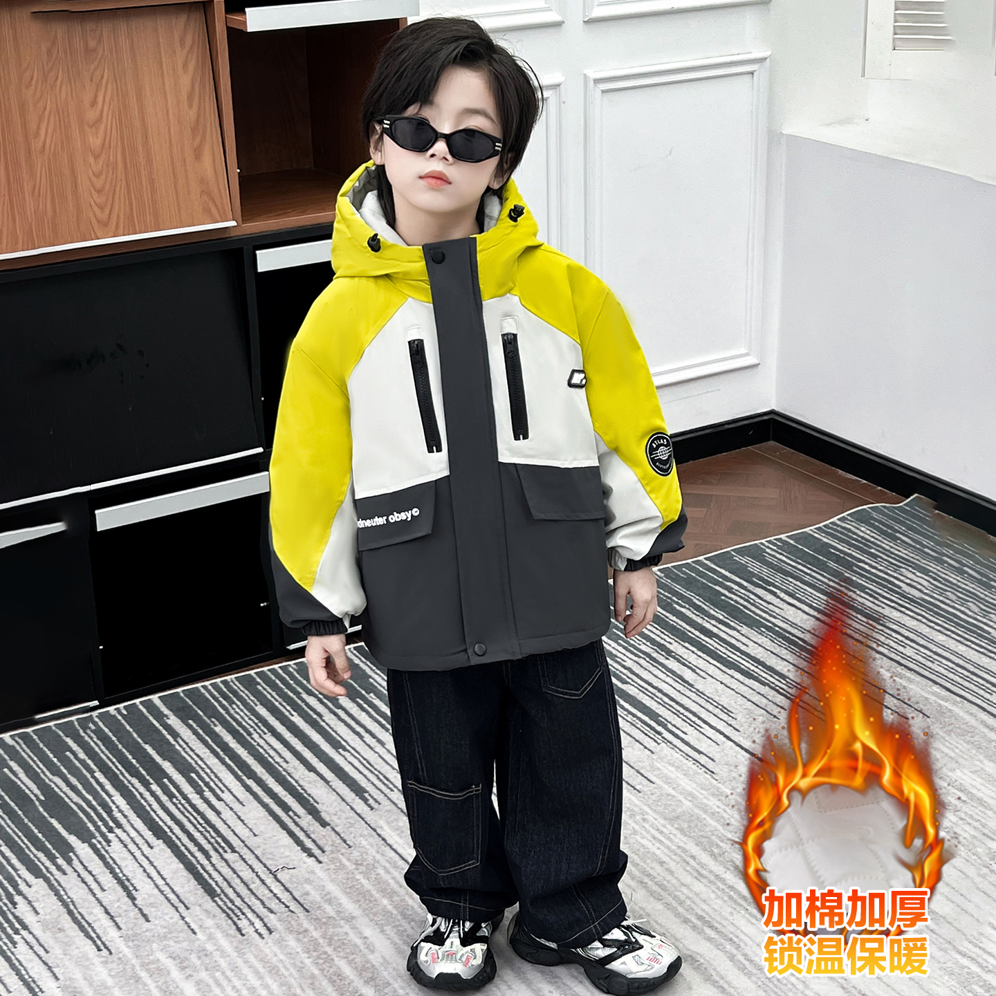 男童夹冬季加绒棉外套棉袄儿童拼色款洋气保暖派克服新款儿童外套