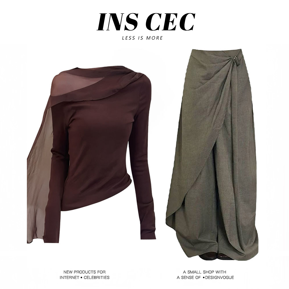 【INS CEC同款】美拉德斜肩露肩网纱飘带针织衫宽松阔腿长裤两件套