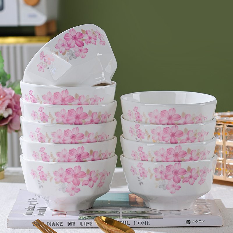 真益彩新款海棠花4.6英寸钻石饭碗家用创意简约中式米饭碗吃饭碗