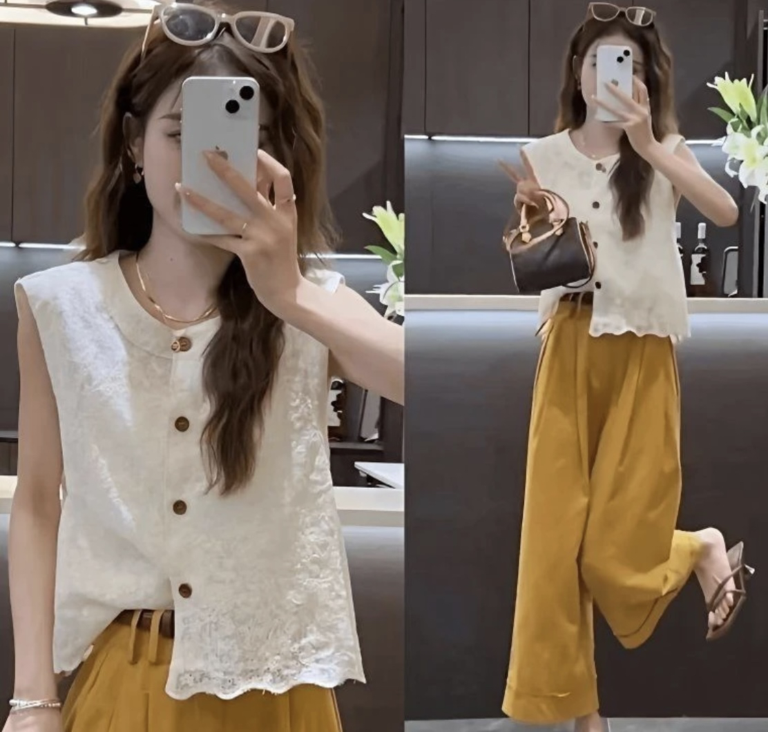气质法式高级感提花圆领无袖蕾丝马甲单排扣小衫显瘦百搭名媛上衣