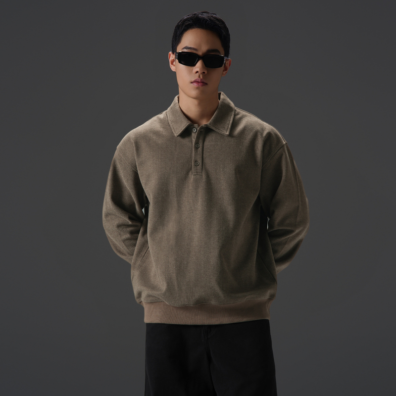BDPOWERUP美式重磅老钱风polo衫男秋季翻领套头衫宽松卫衣穿搭