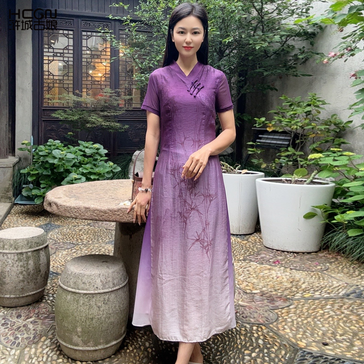 浒城古娘中式国风旗袍连衣裙女夏新款气质修身大气长裙WH0500157