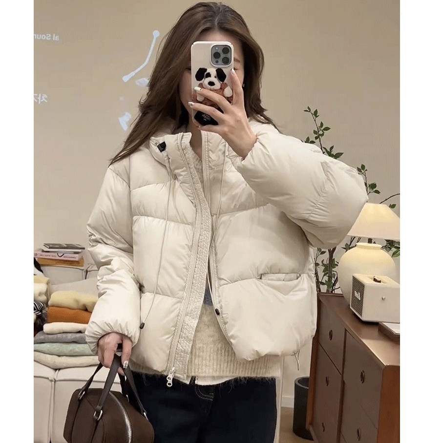 时尚连帽羽绒服女2024冬季韩版短款加厚宽松面包服白鸭绒外套上衣