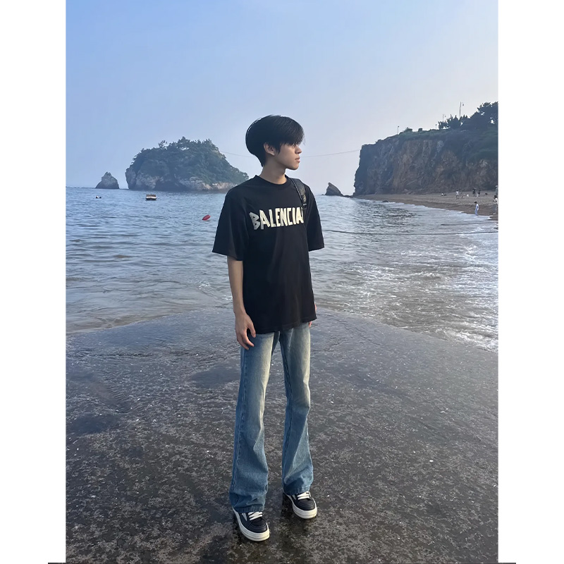 浅蓝色修身显瘦直筒牛仔裤cleanfit百搭弯刀裤美式高街vibe直筒裤