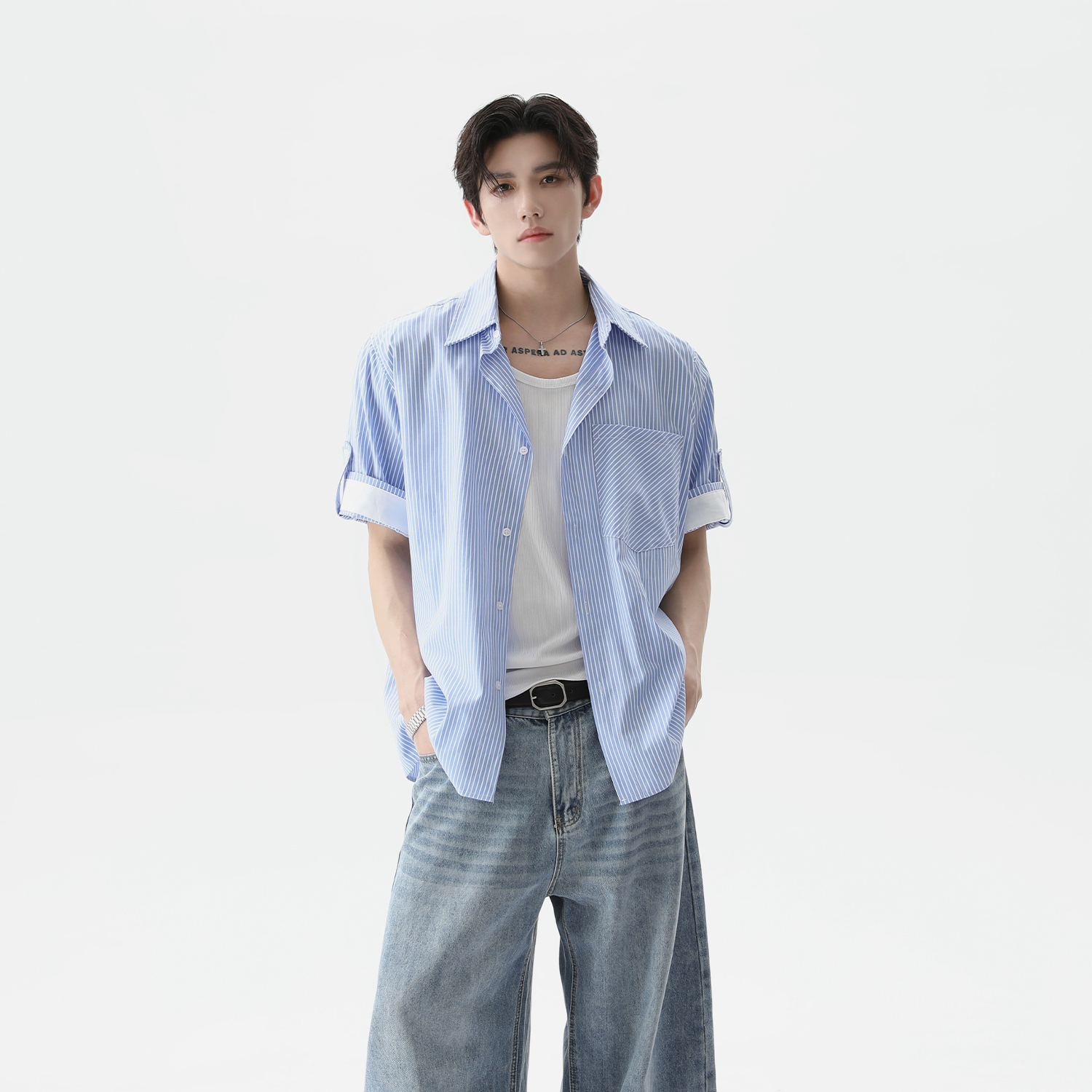 TURNTIDE学院风撞色条纹衬衫休闲宽松小众简约设计感开衫外套夏季