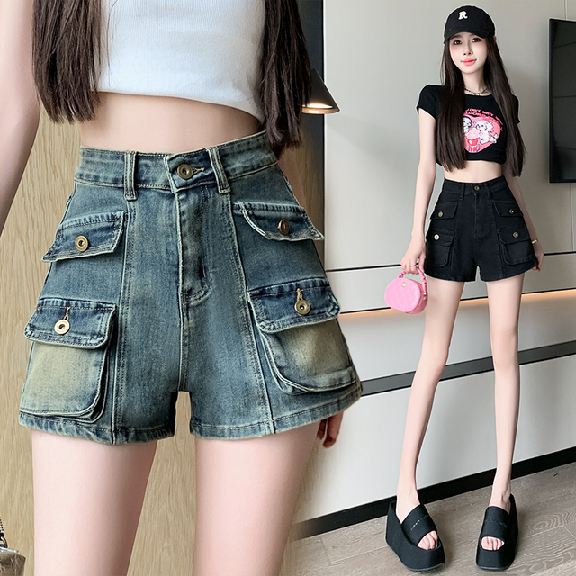 美式复古工装牛仔短裤女夏季2025新款高腰显瘦辣妹a字阔腿热裤子
