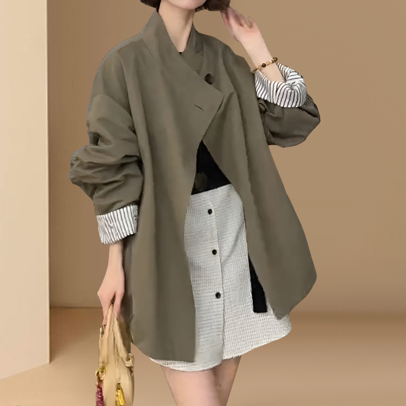 一粒扣复古休闲风衣女款2026新款春秋季小个子宽松显瘦拼色外套潮