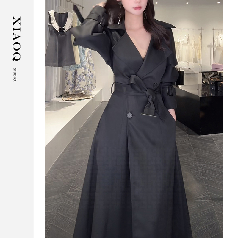 XIAOQ「大女主宣言」双排扣系带收腰超A气场黑色长风衣外套女12360