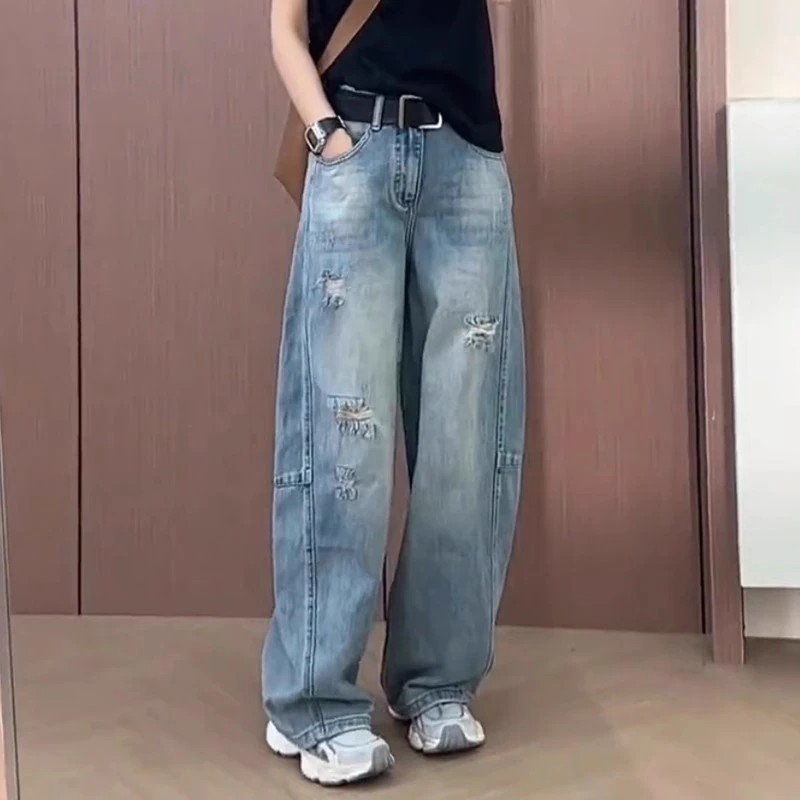 GLVOYO胖mm遮胯阔腿牛仔裤女夏季新款大码梨型身材高腰显瘦拖地裤