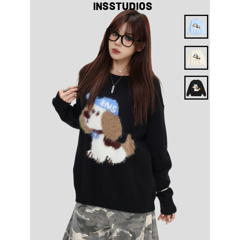 INSstudios 国潮牌情侣美式「毛绒小狗提花毛衣」休闲套头针织衫