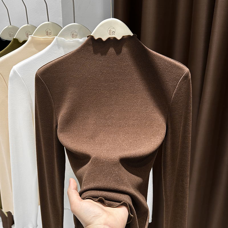 咖色双面德绒打底衫女秋冬内搭磨毛加绒木耳边半高领长袖t恤保暖